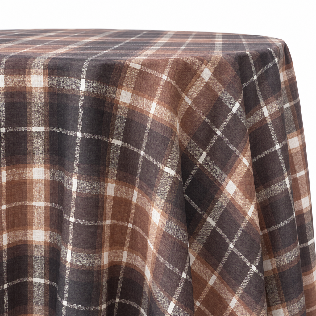 Plaid (Poly Print) in Cinnamon — table linen draped over a round table
