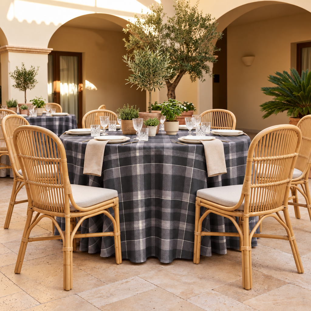 Plaid (Poly Print) in Slate Grey — table linen in a courtyard table setting