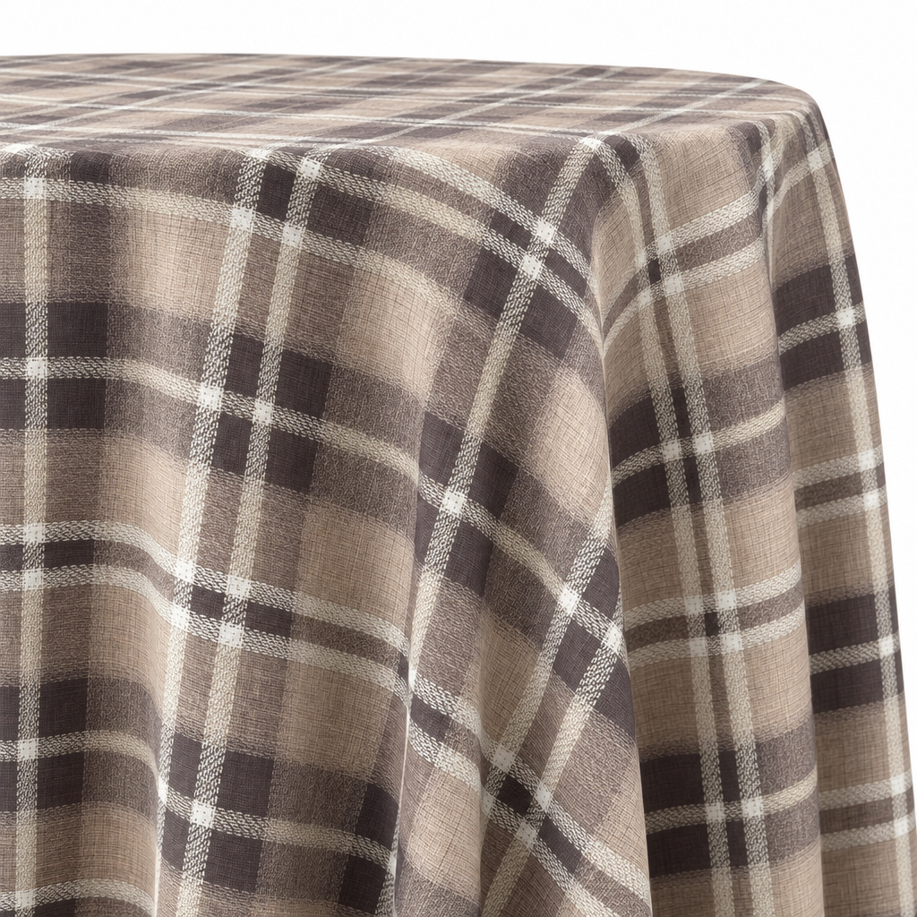 Plaid (Poly Print) in Truffle — table linen draped over a round table