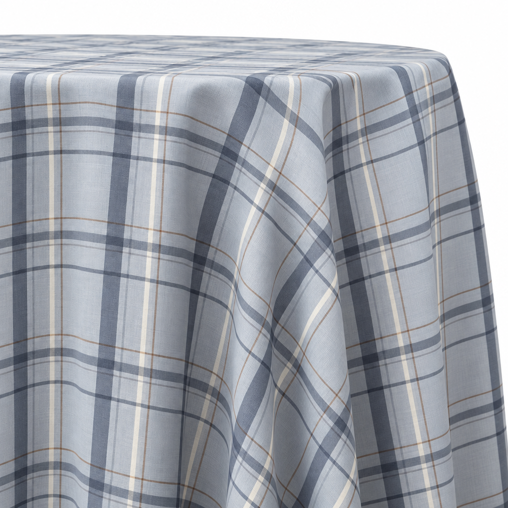 Plaid (Poly Print) in Denim Blue — table linen draped over a round table