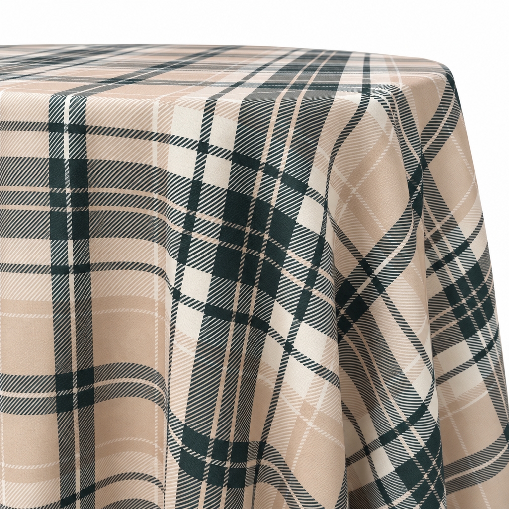 Plaid (Poly Print) in Ivory Noir — table linen draped over a round table
