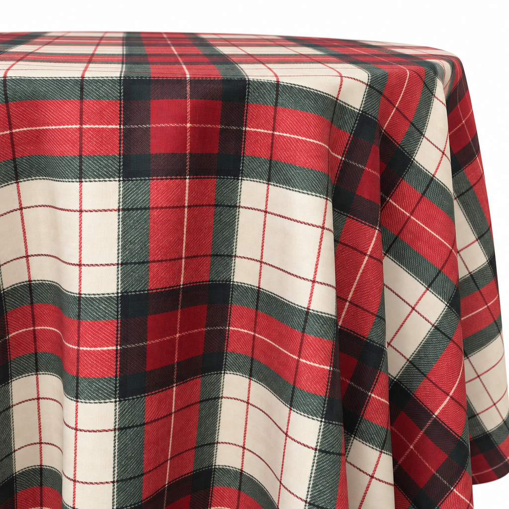 Plaid (Poly Print) in HollyBerry — table linen draped over a round table