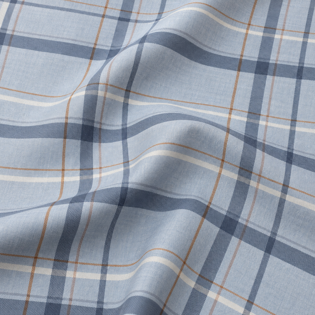 Plaid (Poly Print) in Denim Blue — fabric print and drape detail