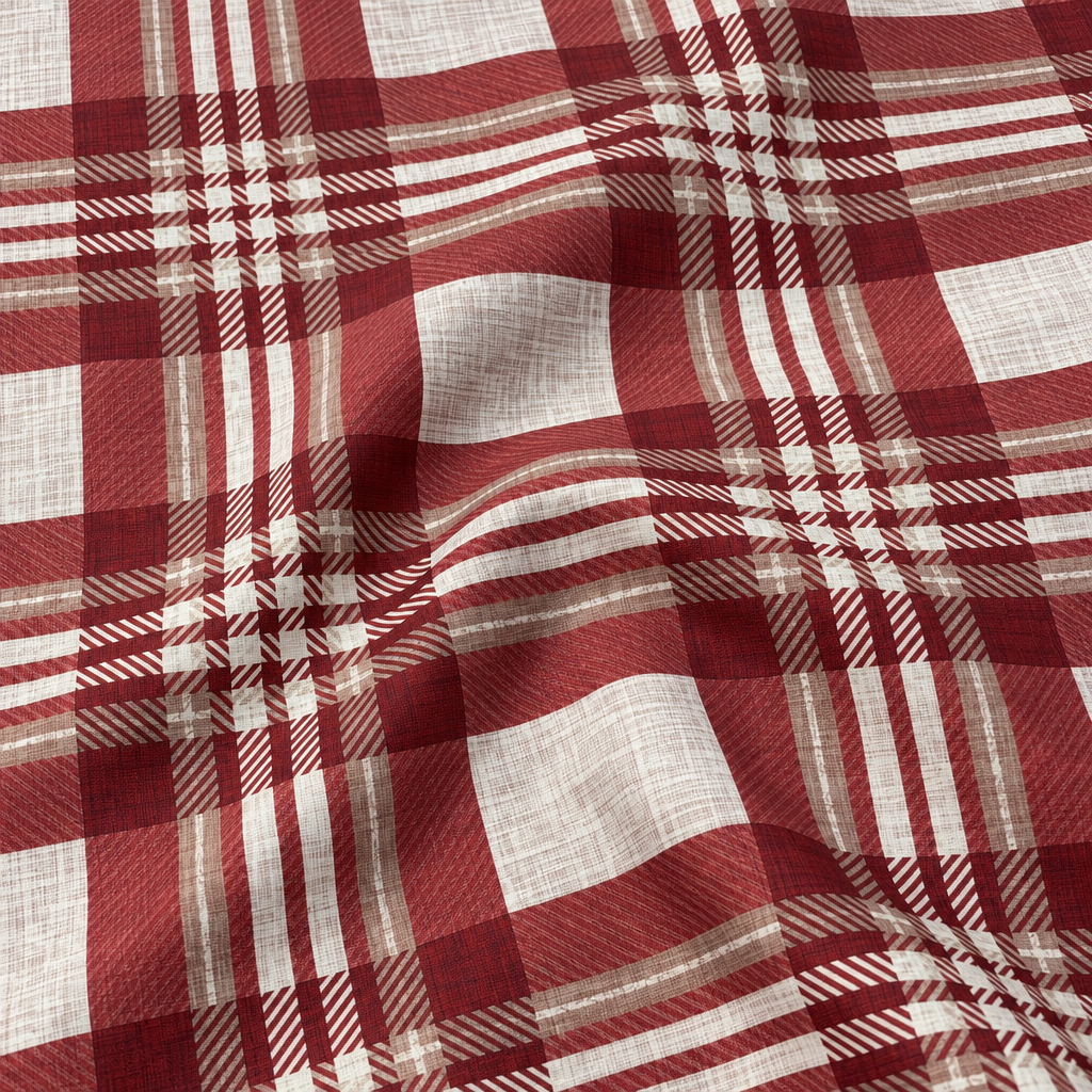 Plaid (Poly Print) in Ruby — fabric print and drape detail