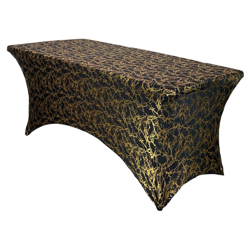 Print Spandex (8'x30") Banquet Table Cover in Black with Gold Marbling