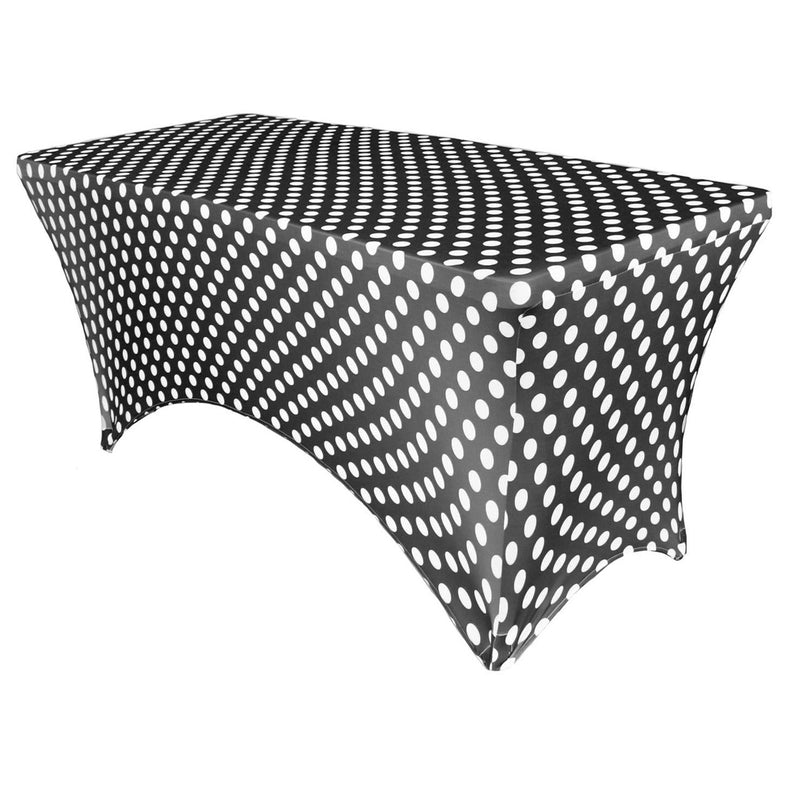 Print Spandex (8'x30") Banquet Table Cover in Black/White Polka Dot
