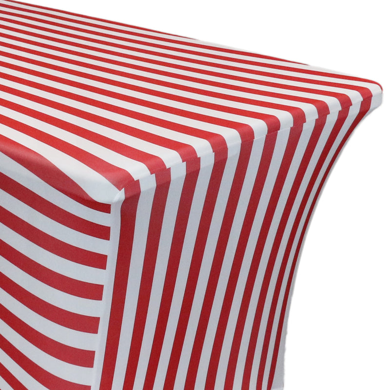 Print Spandex (8'x30") Banquet Table Cover in Red/White Stripes
