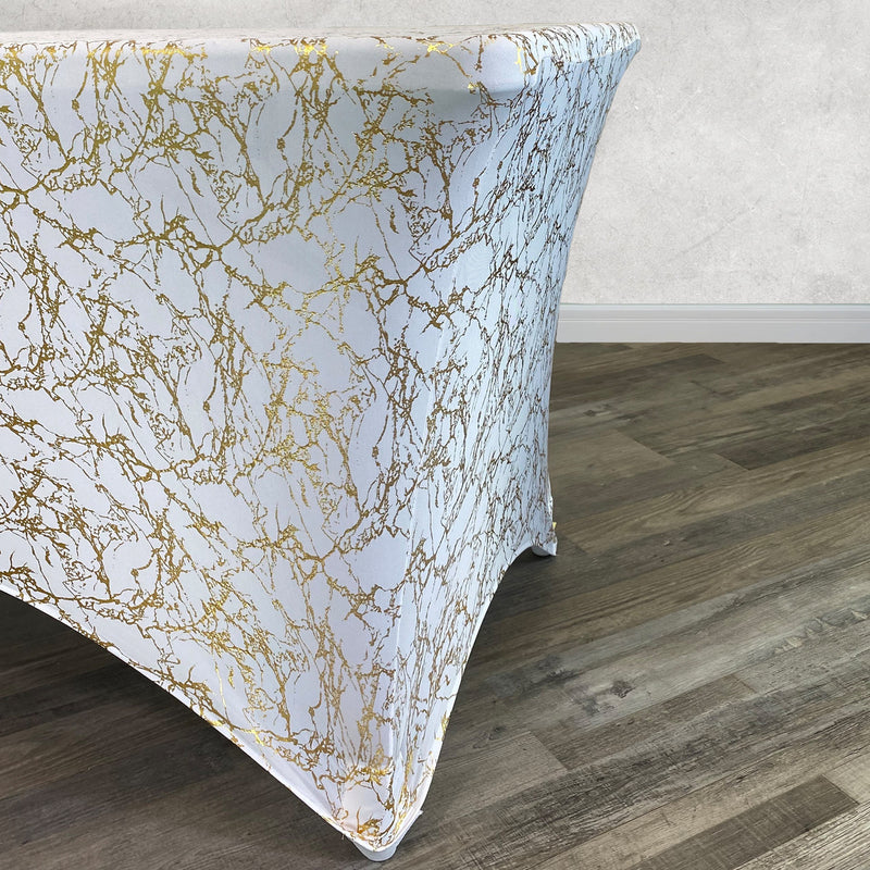 Print Spandex (8'x30") Banquet Table Cover in White with Gold Marbling