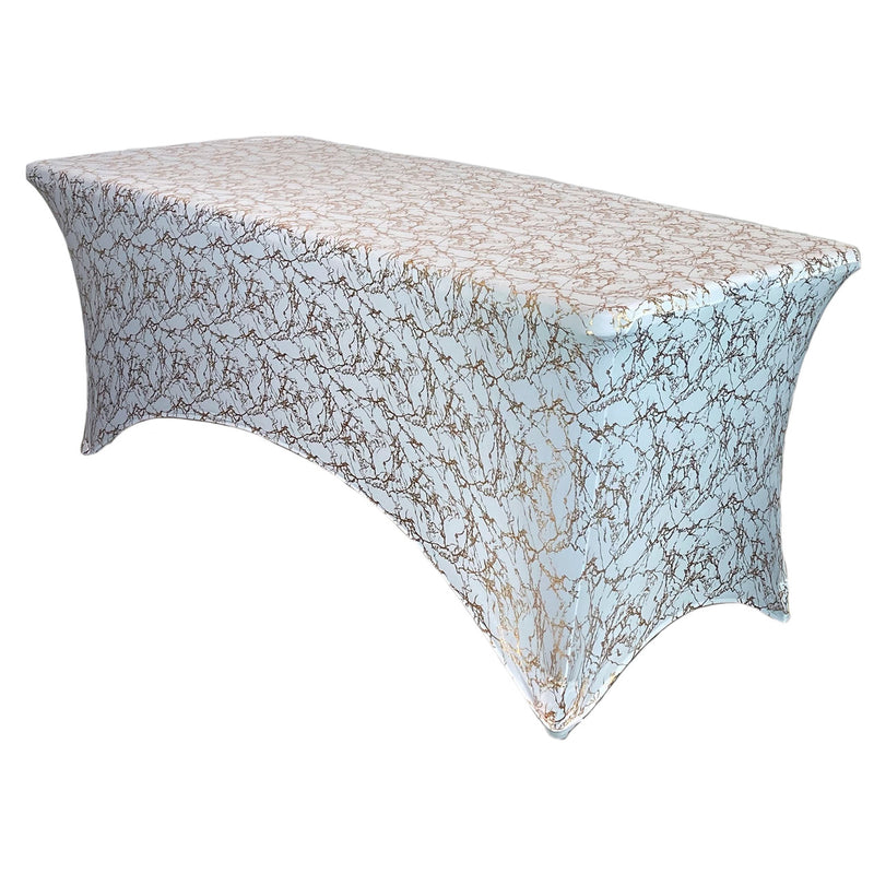 Print Spandex (8'x30") Banquet Table Cover in White with Gold Marbling