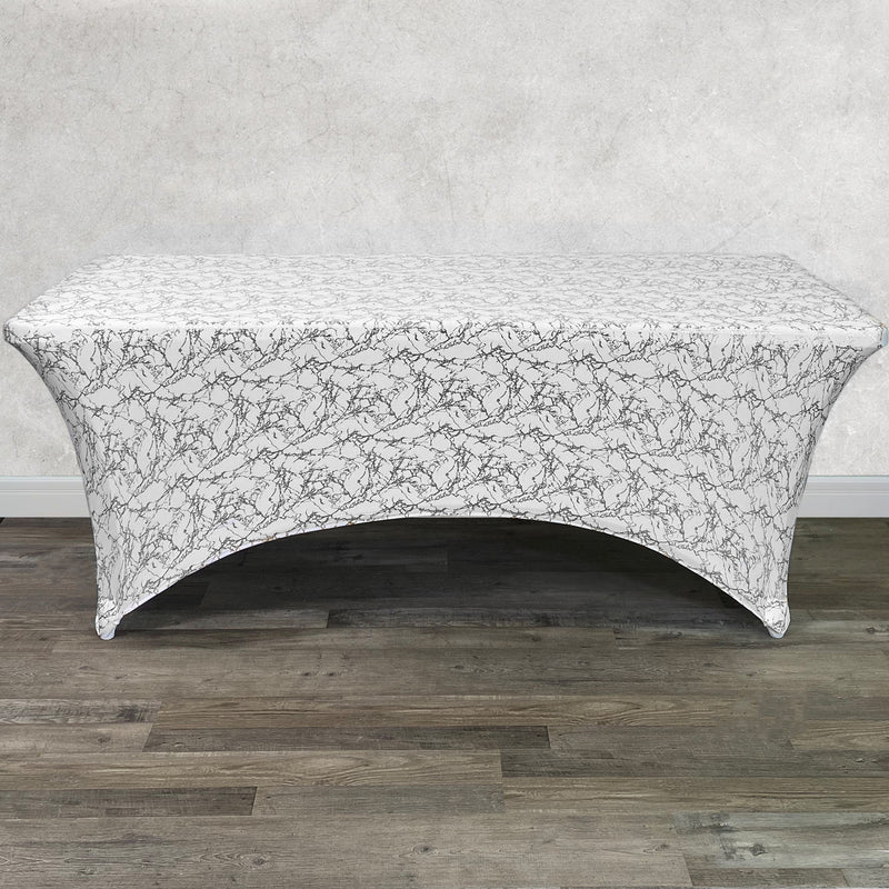 Print Spandex (8'x30") Banquet Table Cover in White with Silver Marbling