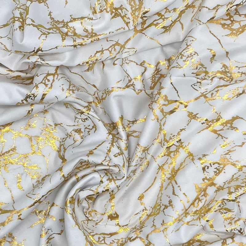 Print Spandex (6'x30") Banquet Table Cover in White With Gold Marbling