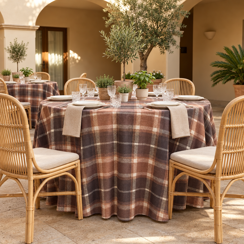 Plaid (Poly Print) in Cinnamon — table linen in a courtyard table setting