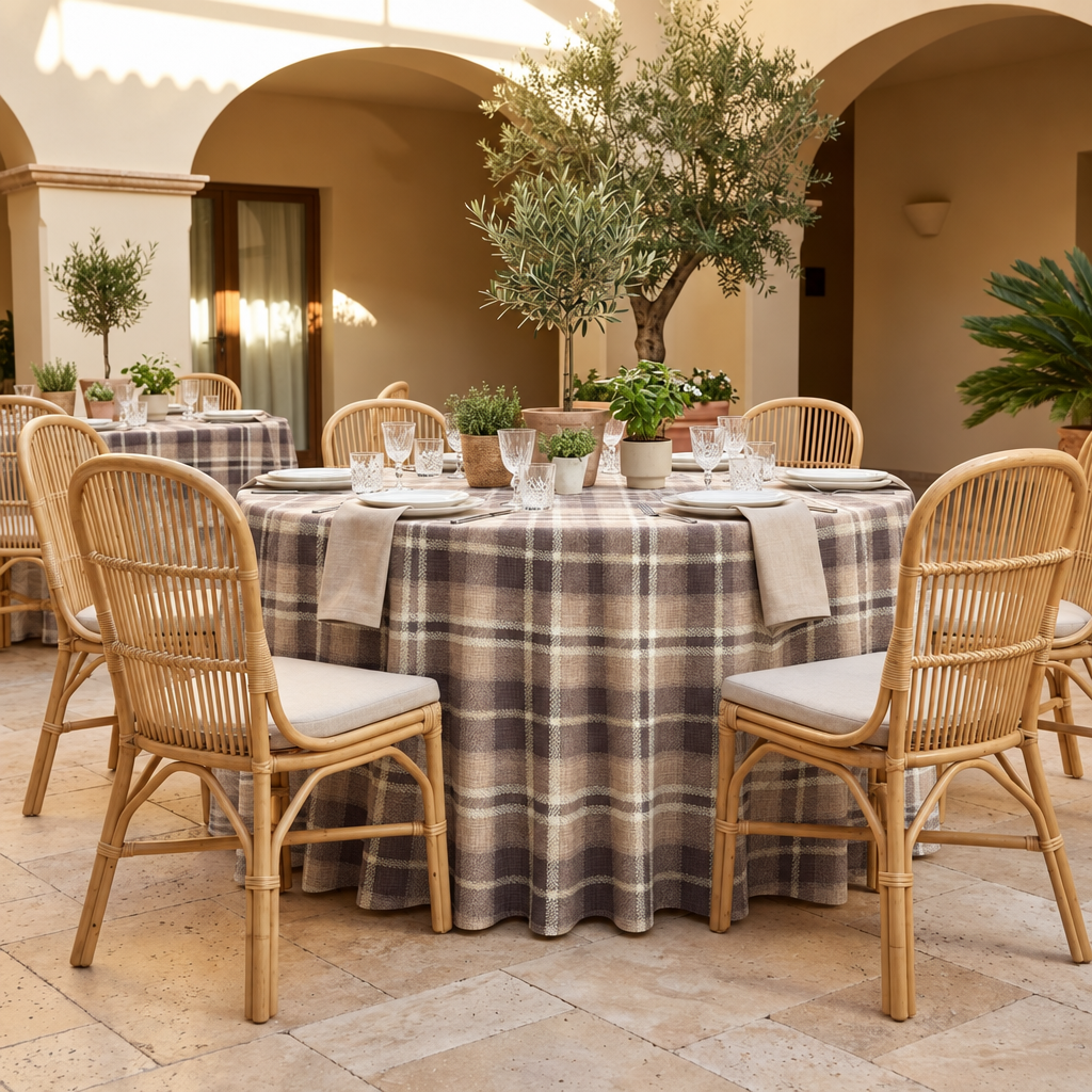 Plaid (Poly Print) in Truffle — table linen in a courtyard table setting