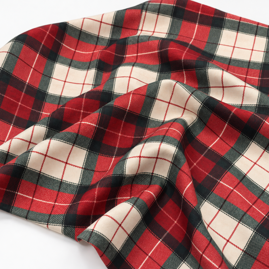 Plaid (Poly Print) fabric in HollyBerry - softly gathered fabric