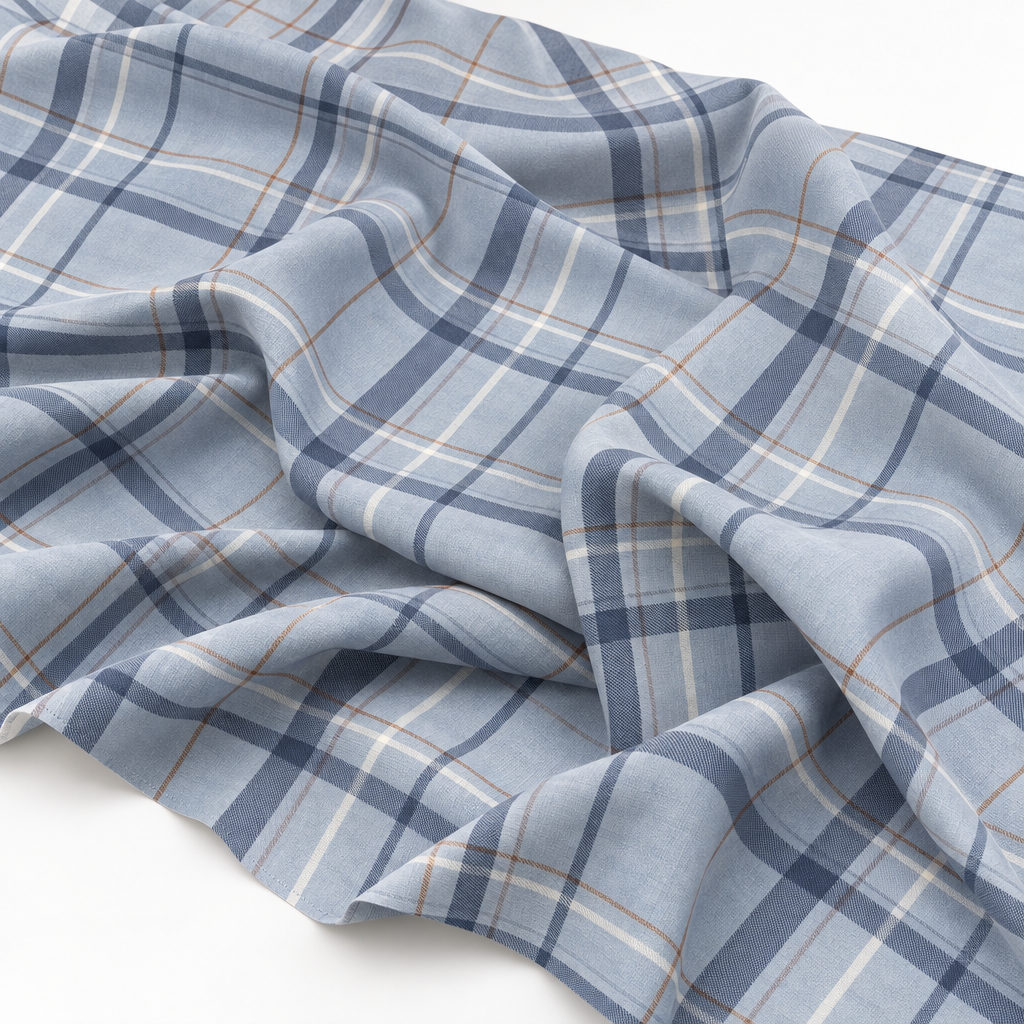 Plaid (Poly Print) in Denim Blue — loose fabric in a broad flowing drape; fabric-only view, not a finished napkin