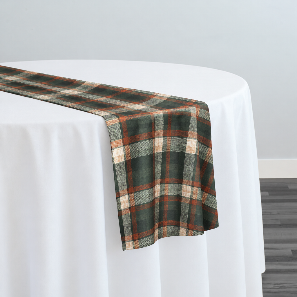 Plaid (Poly Print) in Woodland — narrow table runner over a white-covered round table