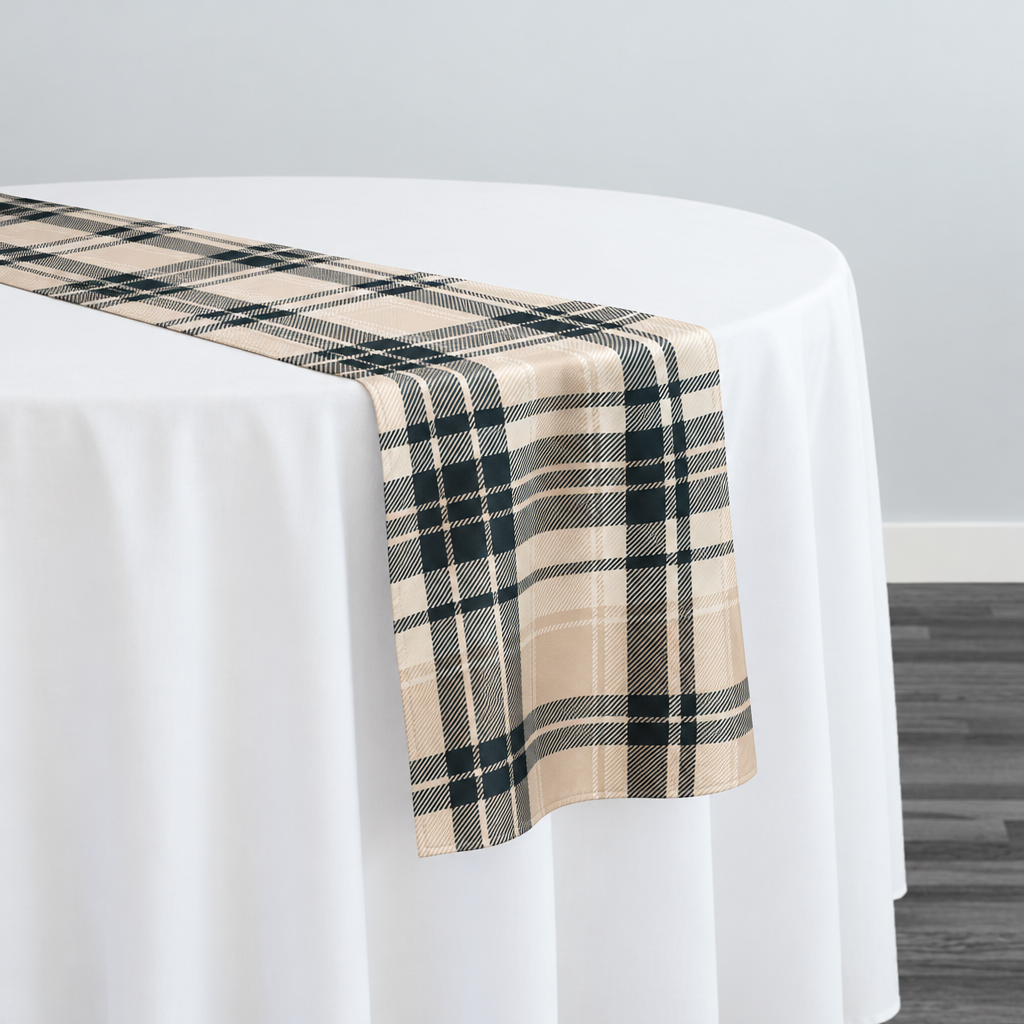 Plaid (Poly Print) in Ivory Noir — narrow table runner over a white-covered round table