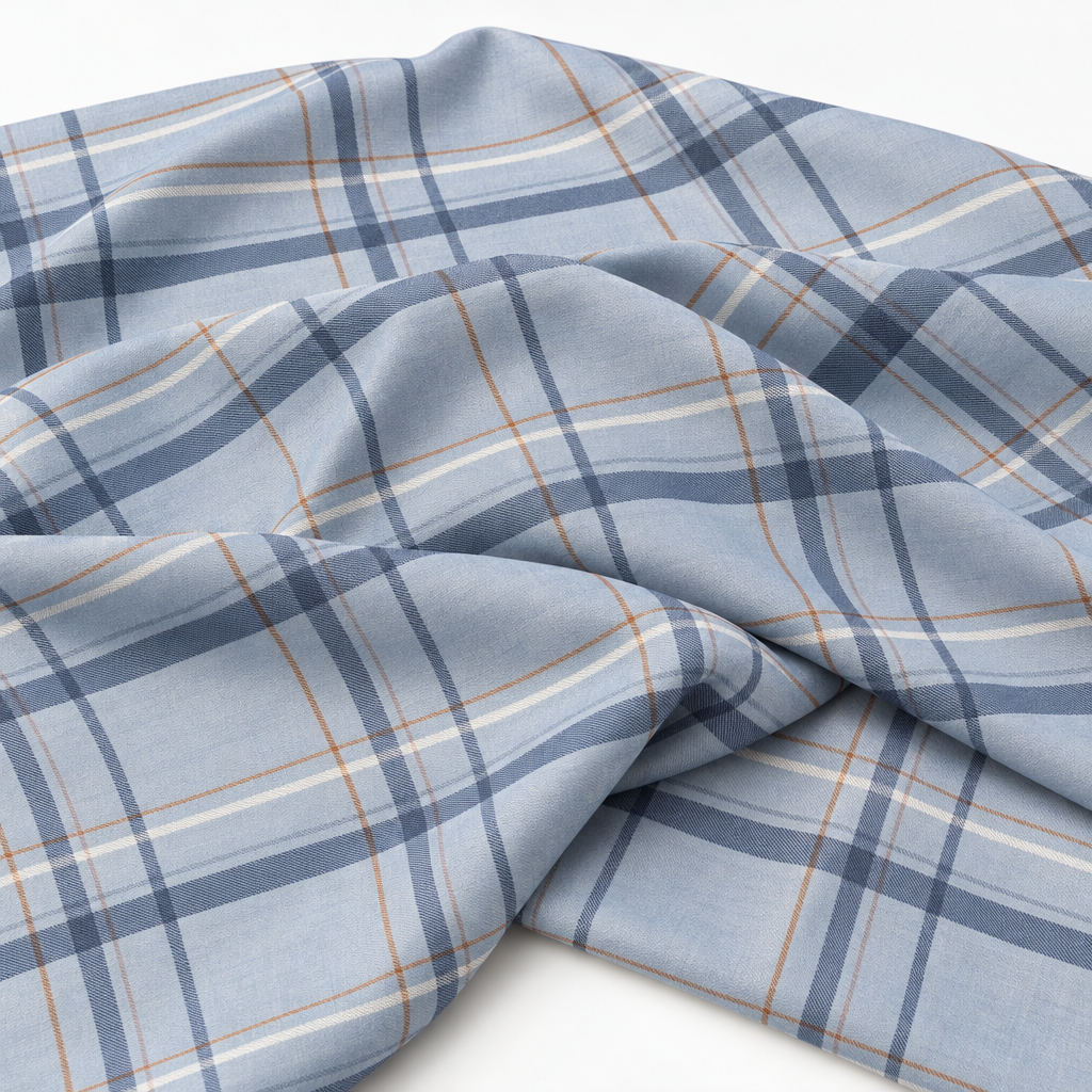 Plaid (Poly Print) in Denim Blue — loose fabric softly gathered on white; fabric-only view, not a finished runner