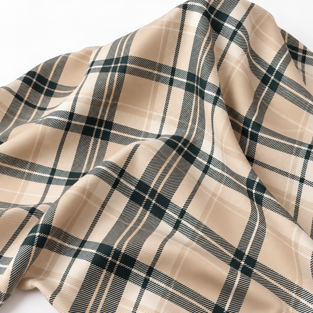 Plaid (Poly Print) in Ivory Noir — loose fabric in a broad flowing drape; fabric-only view, not a finished napkin