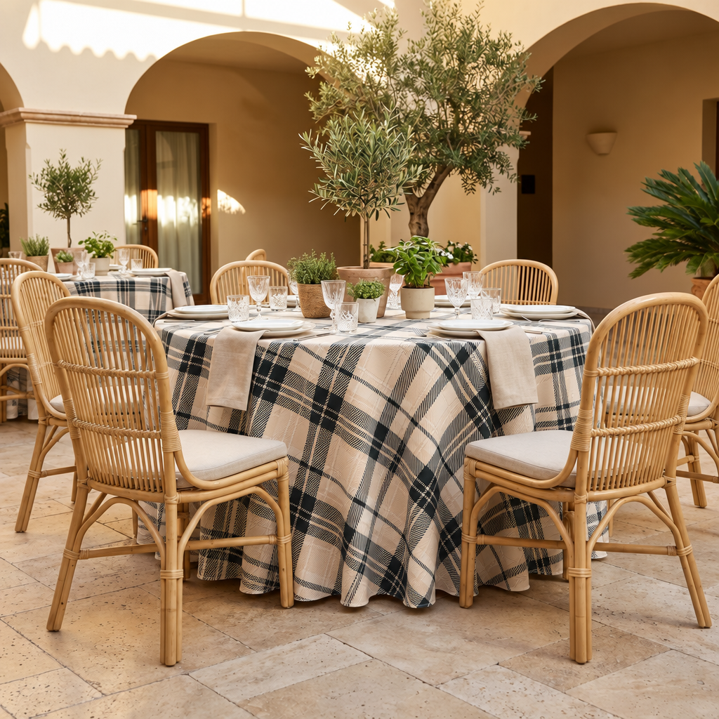 Plaid (Poly Print) in Ivory Noir — table linen in a courtyard table setting