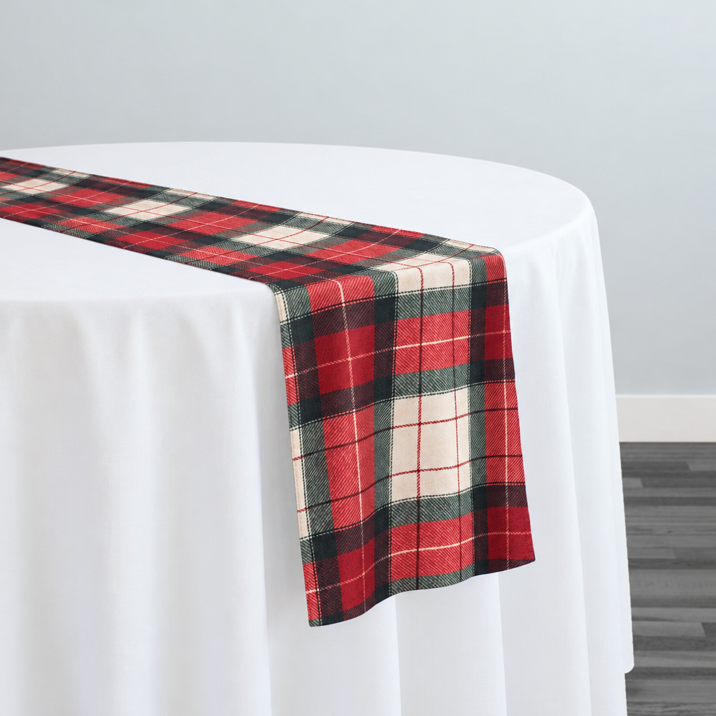 Plaid (Poly Print) in HollyBerry — narrow table runner over a white-covered round table