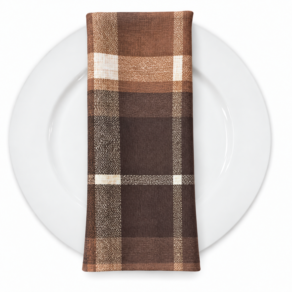 Plaid (Poly Print) in Cinnamon — folded napkin on a white plate