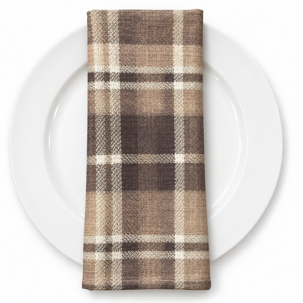 Plaid (Poly Print) in Truffle — folded napkin on a white plate