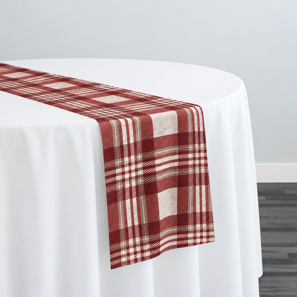 Plaid (Poly Print) in Ruby — narrow table runner over a white-covered round table