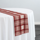 Plaid (Poly Print) in Ruby — narrow table runner over a white-covered round table