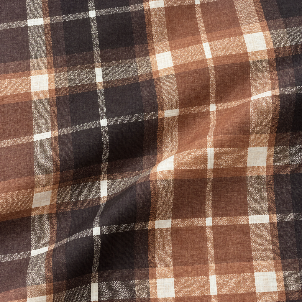 Plaid (Poly Print) in Cinnamon — fabric print and drape detail