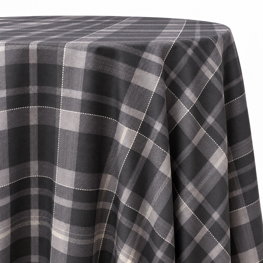 Plaid (Poly Print) in Slate Grey — table linen draped over a round table