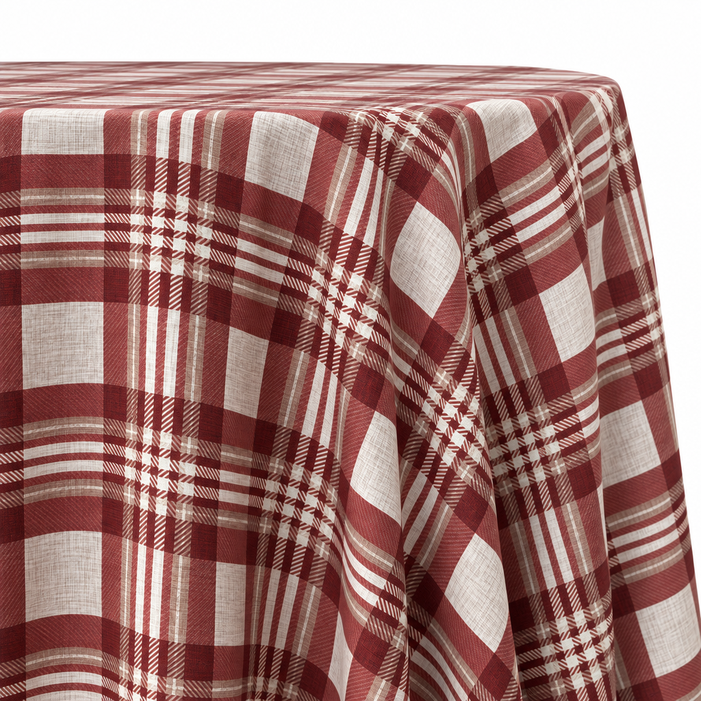 Plaid (Poly Print) in Ruby — table linen draped over a round table