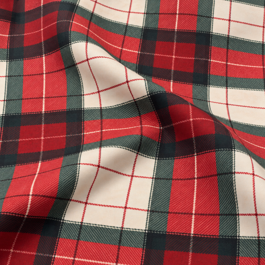 Plaid (Poly Print) in HollyBerry — fabric print and drape detail