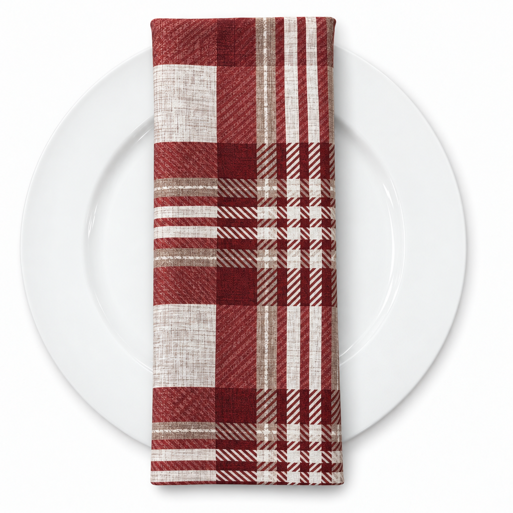 Plaid (Poly Print) in Ruby — folded napkin on a white plate
