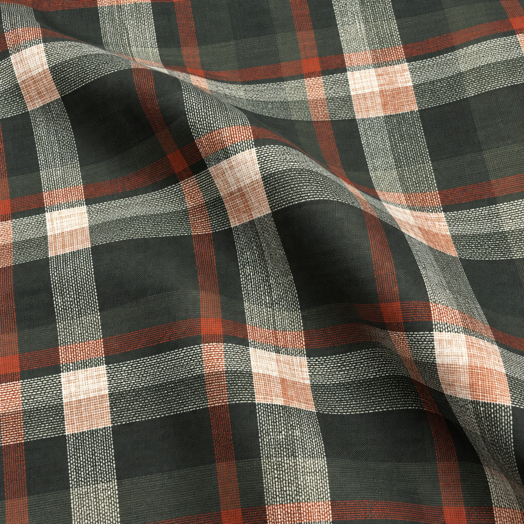 Plaid (Poly Print) in Woodland — fabric print and drape detail