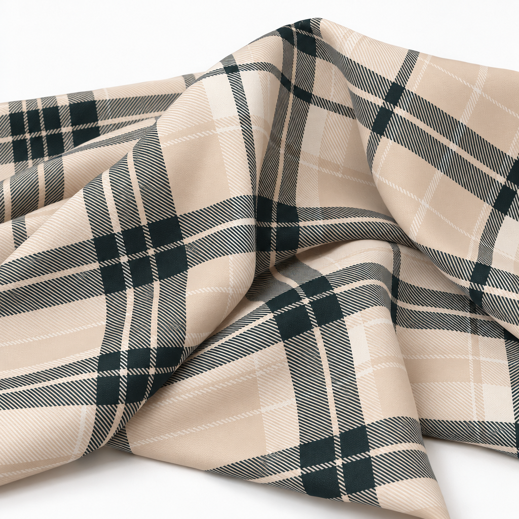 Plaid (Poly Print) fabric in Ivory Noir - softly gathered fabric