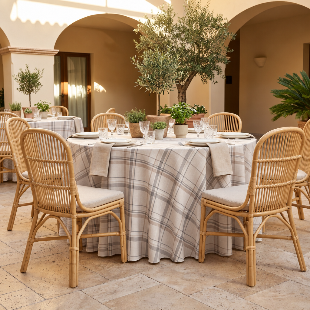 Plaid (Poly Print) in Greige — table linen in a courtyard table setting