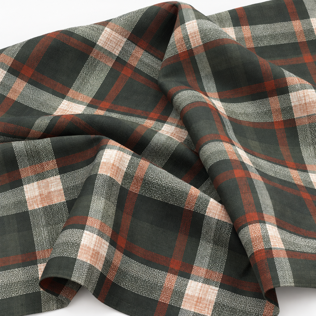 Plaid (Poly Print) fabric in Woodland - softly gathered fabric