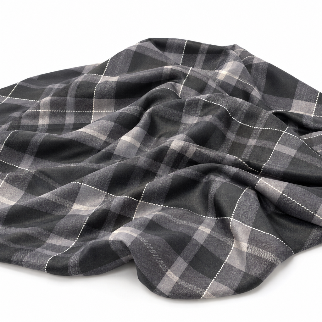 Plaid (Poly Print) fabric in Slate Grey - softly gathered fabric