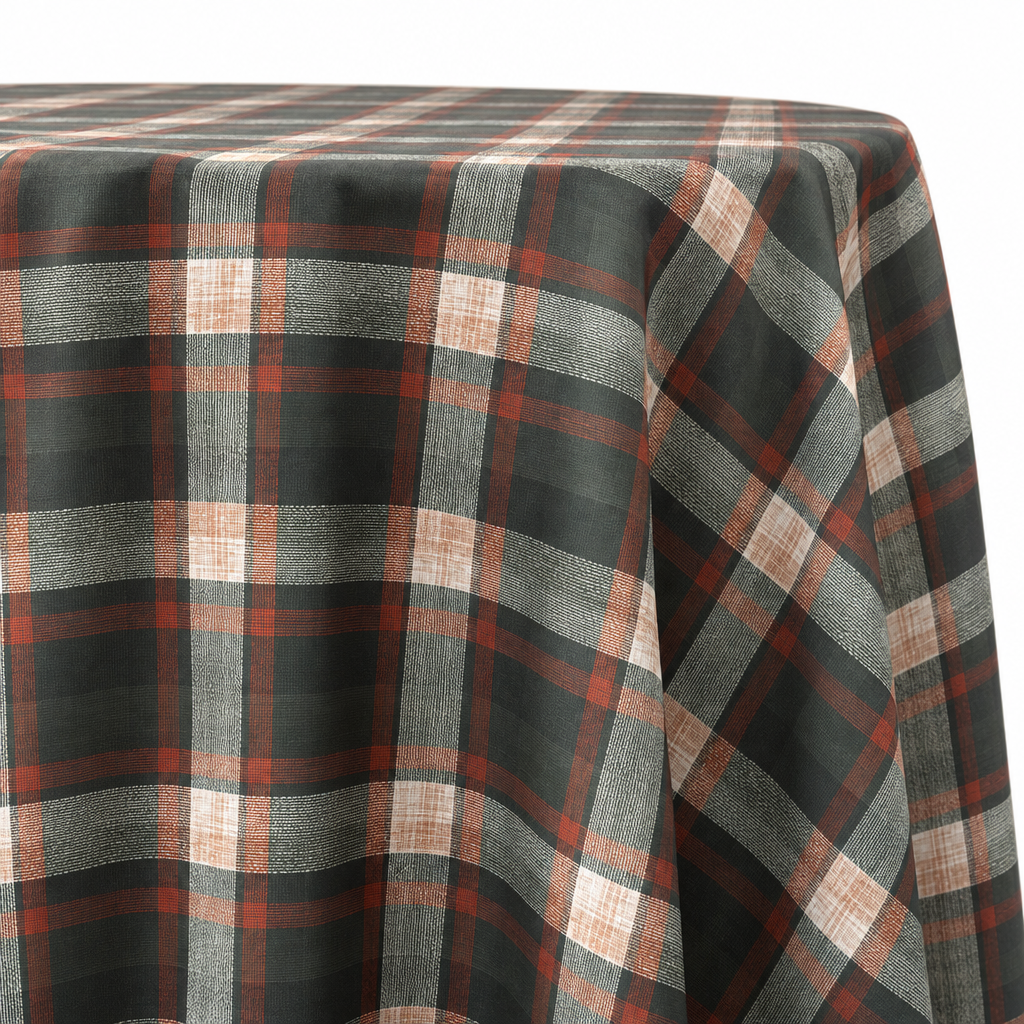 Plaid (Poly Print) in Woodland — table linen draped over a round table