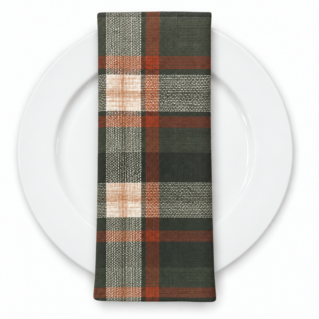 Plaid (Poly Print) in Woodland — folded napkin on a white plate