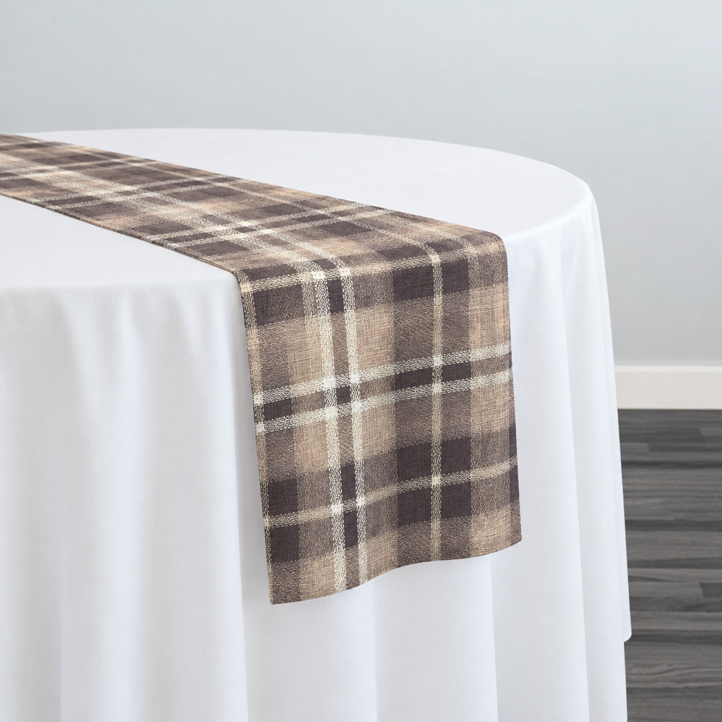 Plaid (Poly Print) in Truffle — narrow table runner over a white-covered round table
