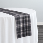 Plaid (Poly Print) in Slate Grey — narrow table runner over a white-covered round table