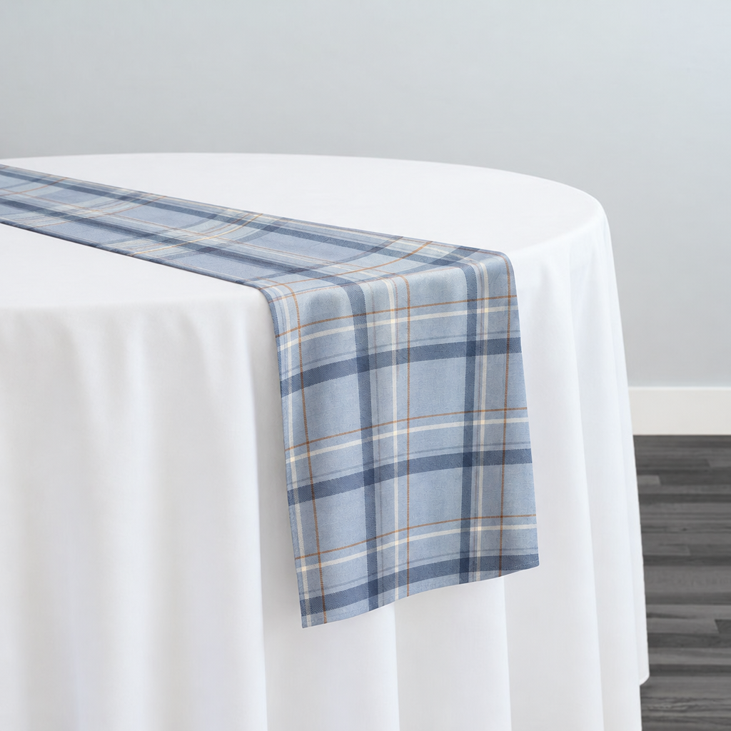 Plaid (Poly Print) in Denim Blue — narrow table runner over a white-covered round table