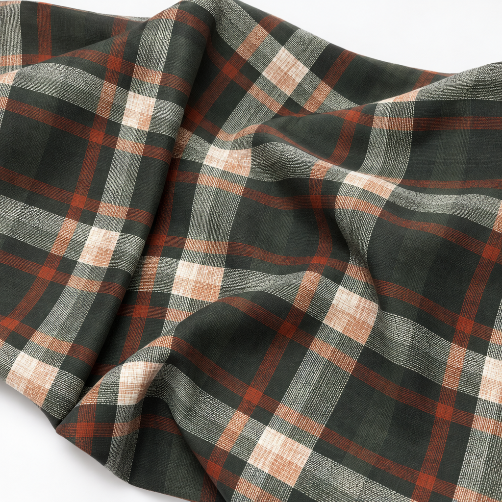 Plaid (Poly Print) fabric in Woodland - loose fabric drape