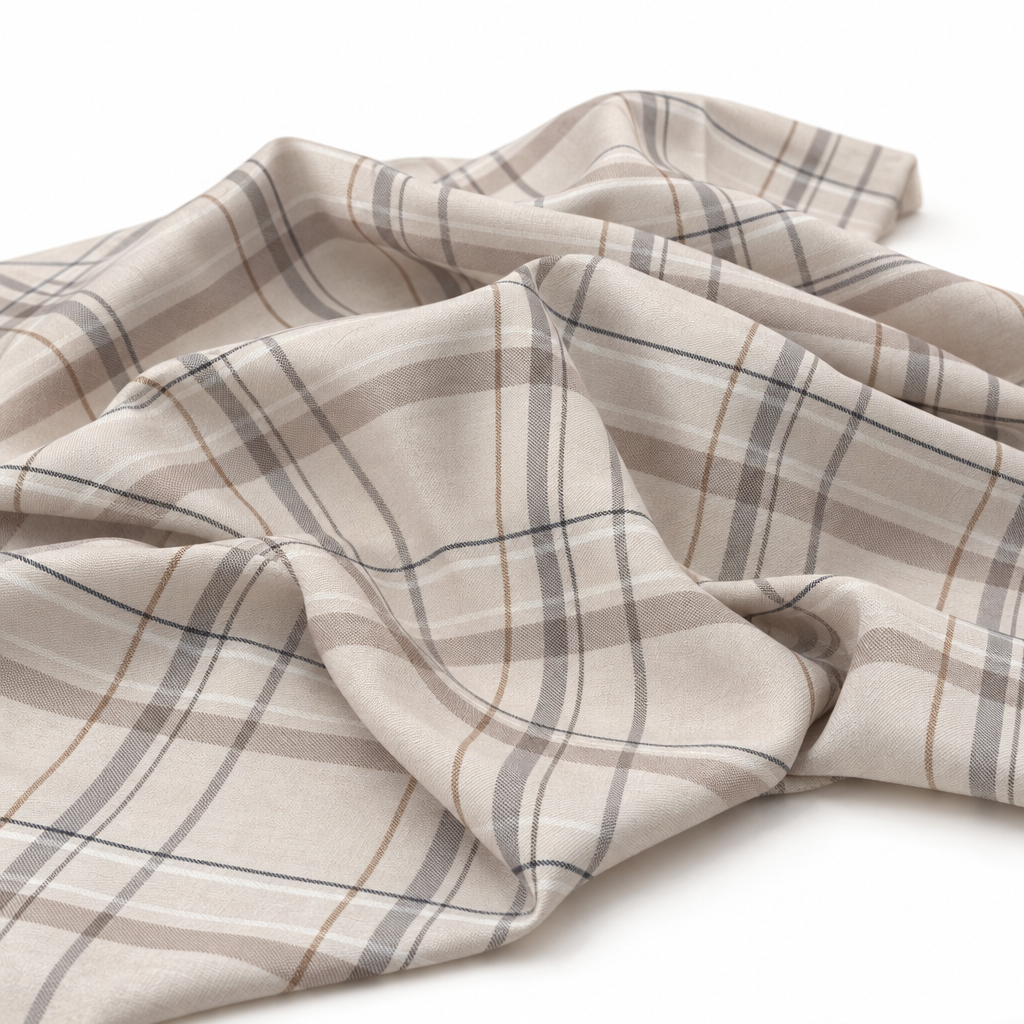 Plaid (Poly Print) fabric in Greige - softly gathered fabric