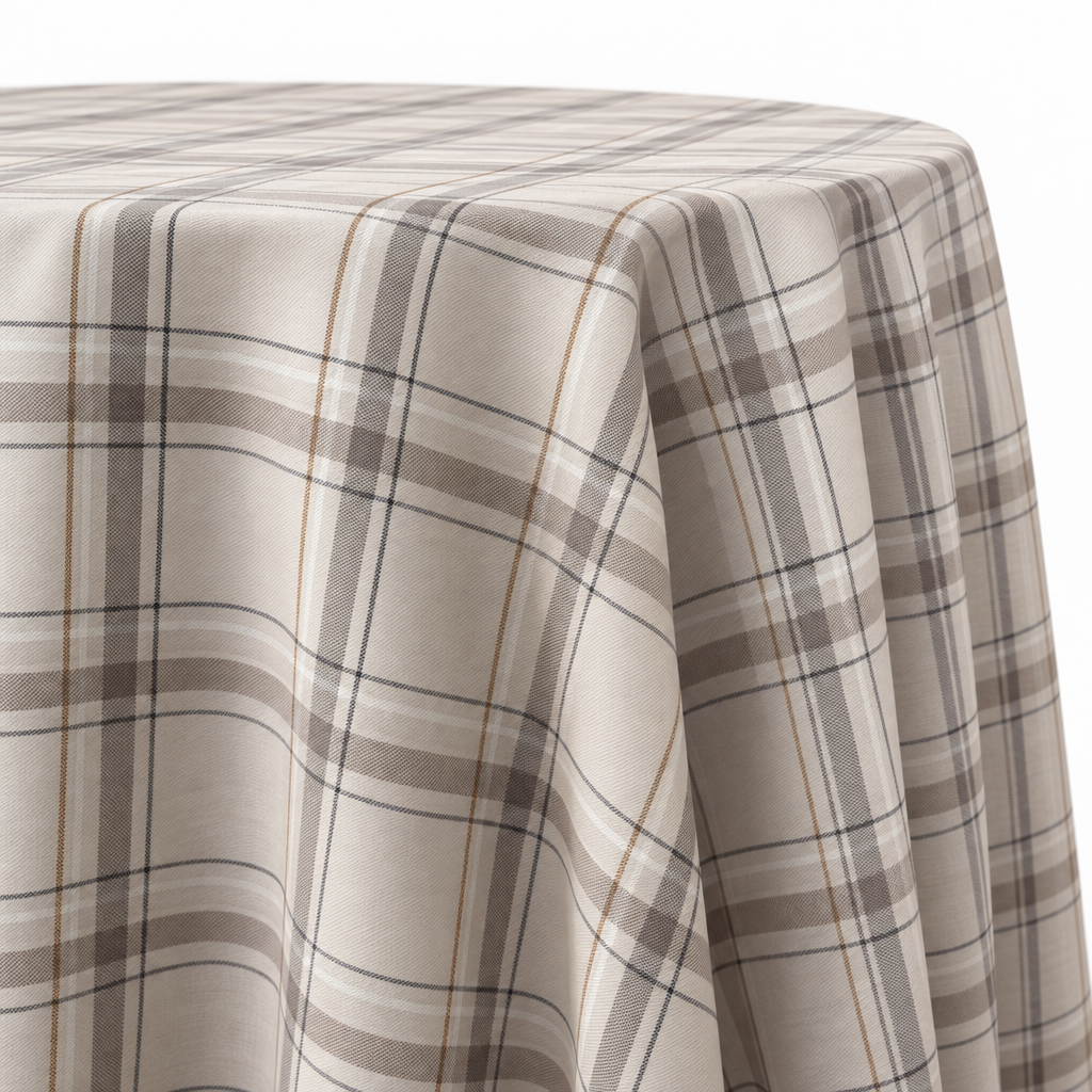 Plaid (Poly Print) in Greige — table linen draped over a round table