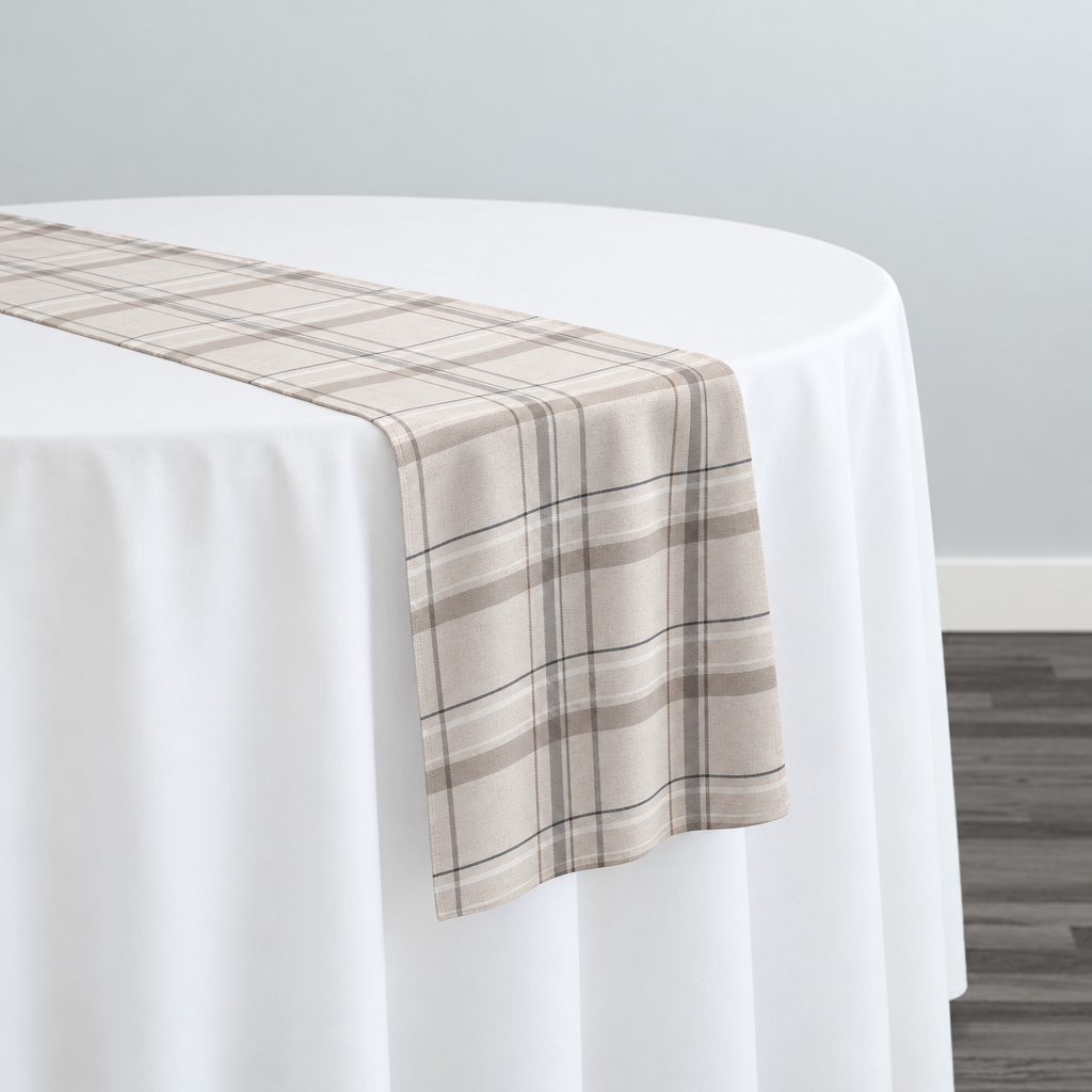 Plaid (Poly Print) in Greige — narrow table runner over a white-covered round table