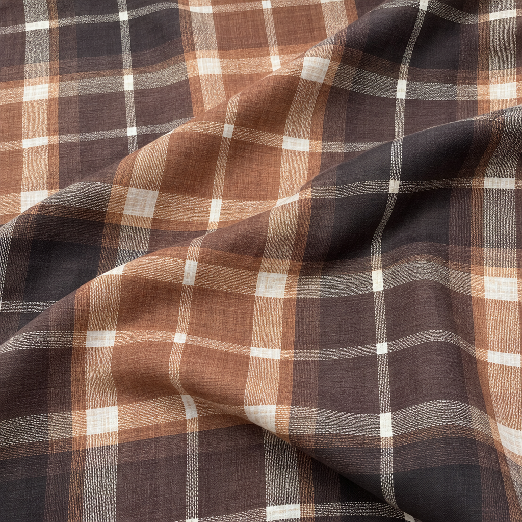 Plaid (Poly Print) in Cinnamon — loose fabric softly gathered on white; fabric-only view, not a finished runner