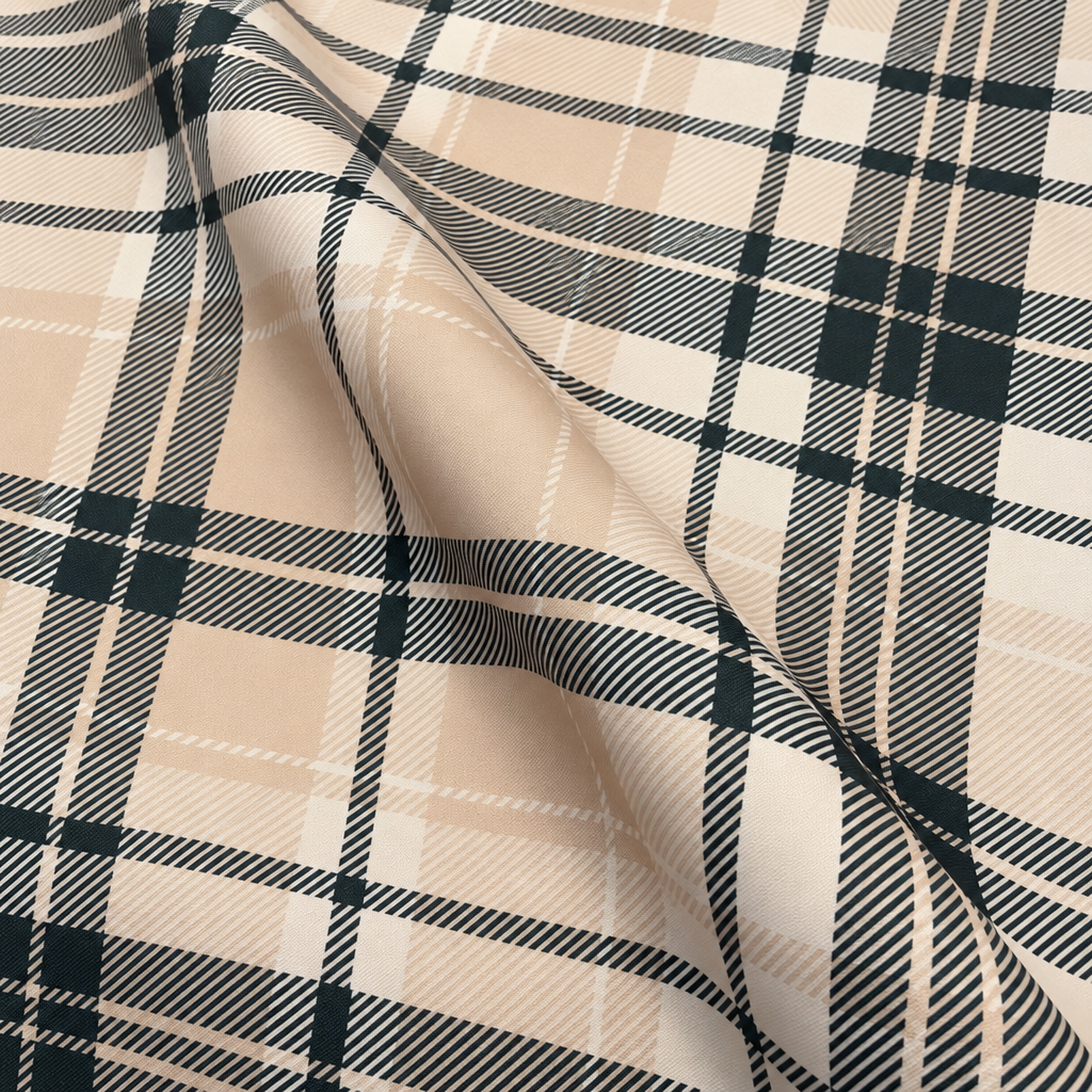Plaid (Poly Print) in Ivory Noir — fabric print and drape detail